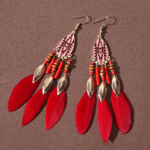 Fashion Feather Earring, Tibetan Style, with Seedbead & Feather, plated, folk style & for woman, more colors for choice, 100mm, Sold By Pair