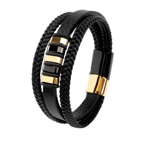 Leather Cord Bracelet 304 Stainless Steel plated & for man Length 16 cm Sold By PC