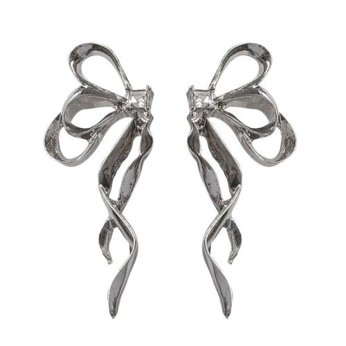Zinc Alloy Stud Earring Bowknot fashion jewelry & for woman & with rhinestone silver color Sold By Pair