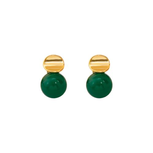 Brass Stud Earring with Green Agate fashion jewelry & for woman green Sold By Pair