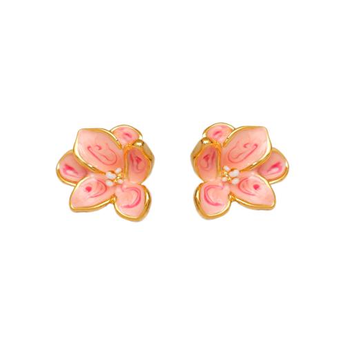 Brass Stud Earring Flower 18K gold plated fashion jewelry & for woman & enamel pink Sold By Pair