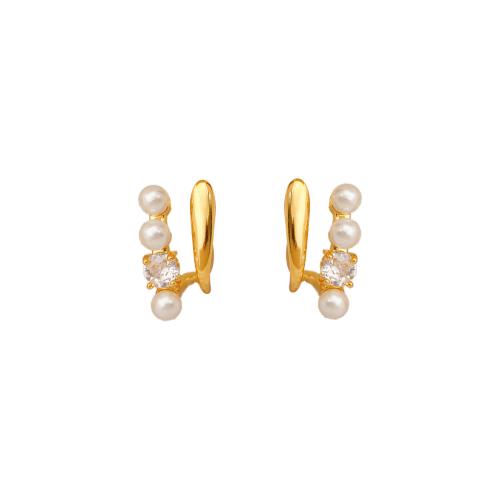 Befestiger Zirkonia Messing Ohrring, mit Kunststoff Perlen, 18K vergoldet, Modeschmuck & Micro pave Zirkonia & für Frau, goldfarben, 17x8mm, verkauft von Paar