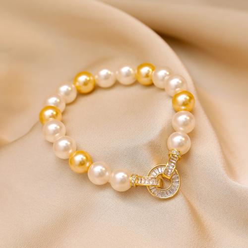 Cubic Zirconia Micro Pave Brass Bracelet, with Plastic Pearl, fashion jewelry & micro pave cubic zirconia & for woman, golden, Length:Approx 20 cm, Sold By PC