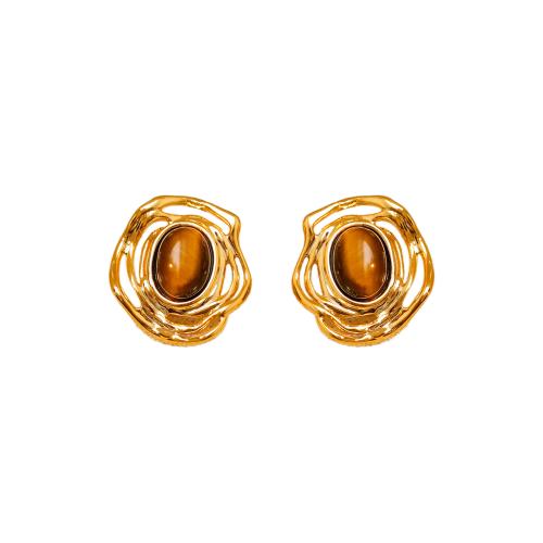 Brass Stud Earring with Tiger Eye 18K gold plated fashion jewelry & for woman golden Sold By Pair
