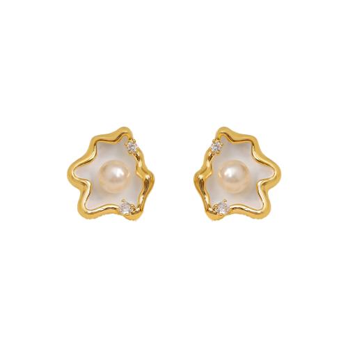 Boucles d'oreilles en laiton zircon cubique pavent, avec perle de plastique, bijoux de mode & pavé de micro zircon & pour femme & émail, doré, 18x16mm, Vendu par paire