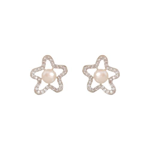 Cubic Zirconia Micro Pave Brass Earring with Freshwater Pearl Flower fashion jewelry & micro pave cubic zirconia & for woman & hollow Sold By Pair