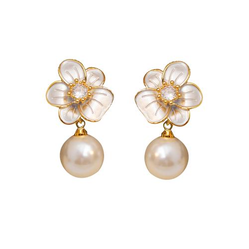 Cubic Zirconia Micro Pave Brass Earring, with Plastic Pearl, Flower, fashion jewelry & micro pave cubic zirconia & for woman & enamel, white, 32x18mm, Sold By Pair