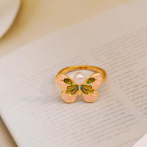 Brass Finger Ring, with Freshwater Pearl, 18K gold plated, fashion jewelry & for woman & enamel, more colors for choice, US Ring Size:7, Sold By PC