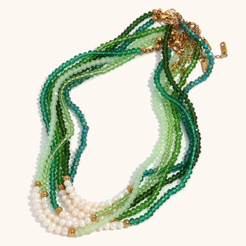 Crystal Necklace, with Freshwater Pearl & 304 Stainless Steel, with 5cm extender chain, fashion jewelry & for woman, more colors for choice, Sold Per Approx 40 cm Strand