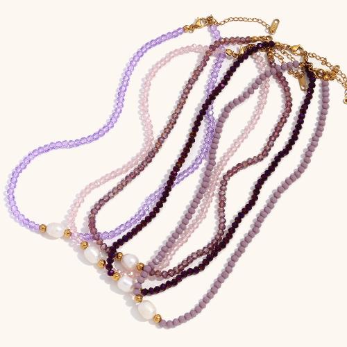 Crystal Necklace, with Freshwater Pearl & 304 Stainless Steel, with 5cm extender chain, fashion jewelry & for woman, more colors for choice, Sold Per Approx 40 cm Strand