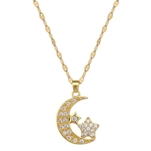 Stainless Steel Jewelry Necklace 304 Stainless Steel Chain with Brass with 5cm extender chain Moon and Star gold color plated fashion jewelry & micro pave cubic zirconia & for woman Length 40 cm Sold By PC