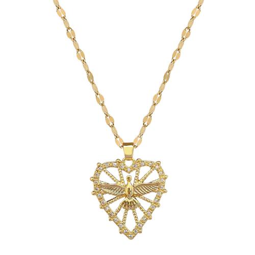Stainless Steel Jewelry Necklace, 304 Stainless Steel Chain, with Brass, with 5cm extender chain, Heart, gold color plated, fashion jewelry & micro pave cubic zirconia & for woman, 22x27mm, Length:40 cm, Sold By PC