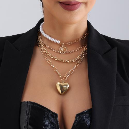 Zinc Alloy Jewelry Necklace with Plastic Pearl Heart gold color plated multilayer & for woman nickel lead & cadmium free Sold By PC