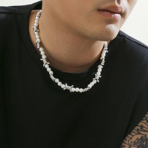 Collar de Aleación de Zinc, con Perlas plásticas, con 7CM extender cadena, chapado en color de plata, para hombre, Blanco, libre de níquel, plomo & cadmio, longitud 45 cm, Vendido por UD