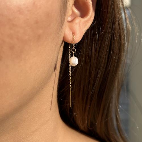 304 Stainless Steel Thread Through Earrings with Freshwater Pearl plated fashion jewelry Sold By Pair