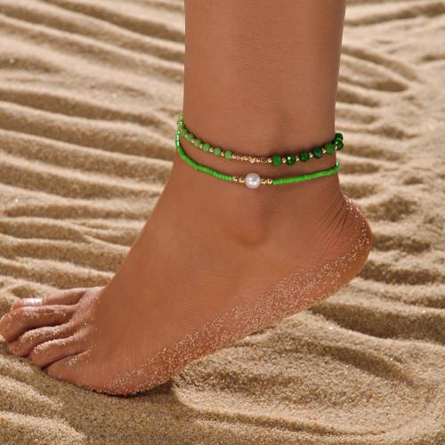 Fashion Jewelry Anklet, Seedbead, with Crystal & Plastic Pearl & Iron, green, 2PCs/Set, Sold By Set