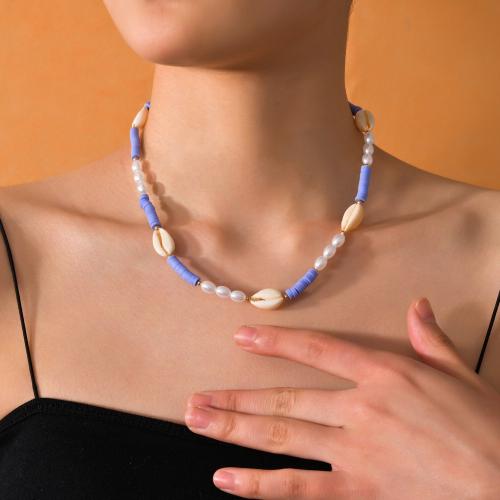 Plastik-Perlenkette, Polymer Ton, mit Muschel & Kunststoff Perlen & Eisen, mit Verlängerungskettchen von 7cm, plattiert, Modeschmuck, gemischte Farben, Länge:37 cm, verkauft von PC