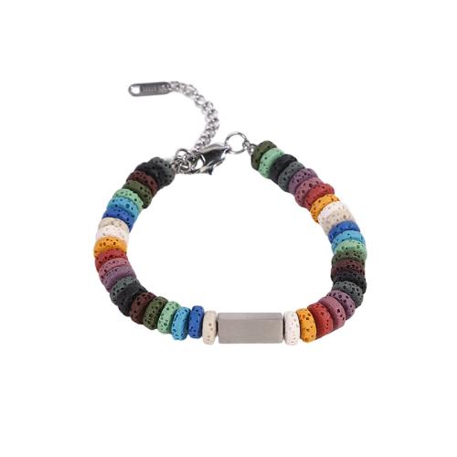 Stainless Steel Jewelry Bracelet, 304 Stainless Steel, with Elastic Thread & Wax Cord & Lava, with 5cm extender chain, Unisex & different styles for choice, multi-colored, Length:18 cm, Sold By PC