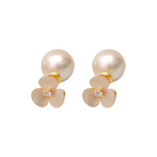 Boucles d'oreilles en laiton zircon cubique pavent, avec coquille & perle de plastique, bijoux de mode & pavé de micro zircon & pour femme, blanc, 11mm, Vendu par paire