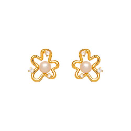 Cubic Zirconia Micro Pave Brass Earring, with Freshwater Pearl, 18K gold plated, fashion jewelry & micro pave cubic zirconia & for woman & hollow, golden, 17x15mm, Sold By Pair