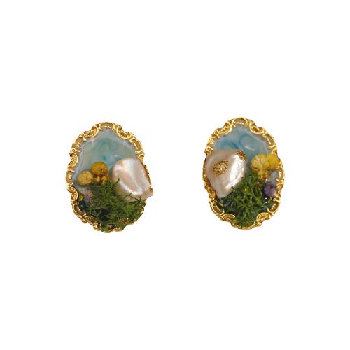 Brass Stud Earring, with Freshwater Pearl, fashion jewelry & for woman & enamel, golden, 25x19mm, Sold By Pair