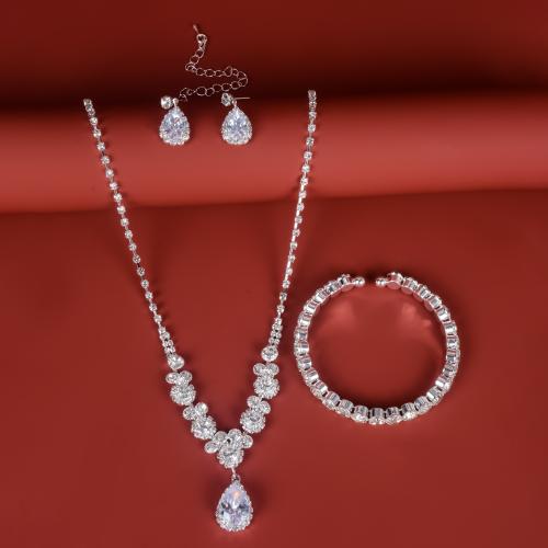 Brass κοσμήματα Set, Σκουλαρίκι stud & βραχιόλι & κολιέ, Ορείχαλκος, τρία κομμάτια & κοσμήματα μόδας & για τη γυναίκα & με στρας, ασήμι, Sold Με Ορισμός
