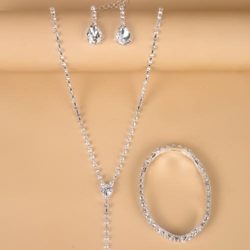 Brass Jewelry Set, bracelet & earring & necklace, three pieces & fashion jewelry & for woman & with rhinestone, silver color, Length:Approx 45 cm, Approx 18 cm, Sold By Set