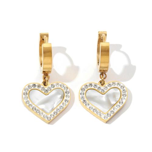Huggie Hoop Drop Earring, 304 Stainless Steel, with Acrylic, Heart, 18K gold plated, fashion jewelry & for woman & with rhinestone, golden, 30x16mm, Sold By Pair