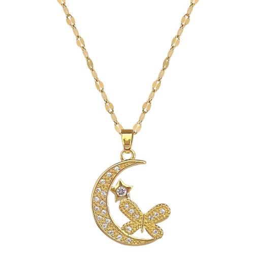 Stainless Steel Jewelry Necklace, 304 Stainless Steel Chain, with Brass, with 5cm extender chain, Moon, gold color plated, fashion jewelry & micro pave cubic zirconia & for woman, 19x28mm, Length:40 cm, Sold By PC