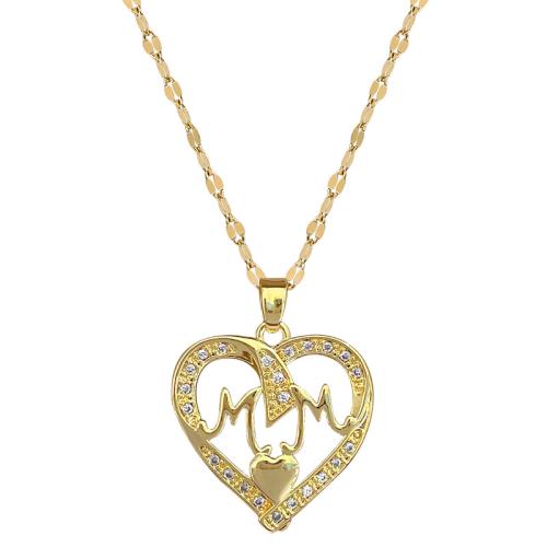 Stainless Steel Jewelry Necklace, 304 Stainless Steel Chain, with Brass, with 5cm extender chain, Heart, gold color plated, fashion jewelry & micro pave cubic zirconia & for woman, 21x25mm, Length:40 cm, Sold By PC