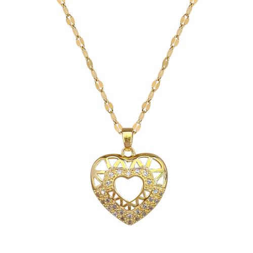 Stainless Steel Jewelry Necklace, 304 Stainless Steel Chain, with Brass, with 5cm extender chain, Heart, gold color plated, fashion jewelry & micro pave cubic zirconia & for woman, 20x25mm, Length:40 cm, Sold By PC