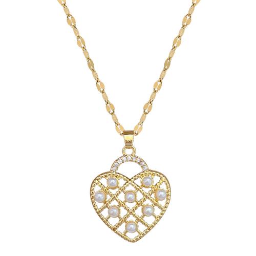 Stainless Steel Jewelry Necklace, 304 Stainless Steel Chain, with Plastic Pearl & Brass, with 5cm extender chain, Heart, gold color plated, fashion jewelry & micro pave cubic zirconia & for woman, 22x23mm, Length:40 cm, Sold By PC