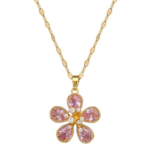 Stainless Steel Jewelry Necklace, 304 Stainless Steel Chain, with Brass, with 5cm extender chain, Flower, gold color plated, fashion jewelry & micro pave cubic zirconia & for woman, 20x26mm, Length:40 cm, Sold By PC