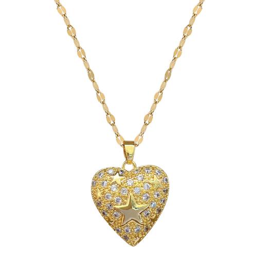 Stainless Steel Jewelry Necklace, 304 Stainless Steel Chain, with Brass, with 5cm extender chain, Heart, gold color plated, fashion jewelry & micro pave cubic zirconia & for woman, 20x26mm, Length:40 cm, Sold By PC