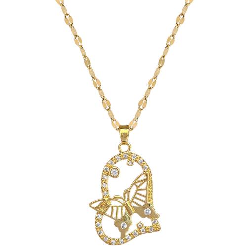 Stainless Steel Jewelry Necklace, 304 Stainless Steel Chain, with Brass, with 5cm extender chain, Heart, gold color plated, fashion jewelry & micro pave cubic zirconia & for woman, 20x32mm, Length:40 cm, Sold By PC