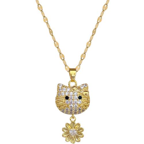 Stainless Steel Jewelry Necklace, 304 Stainless Steel Chain, with Brass, with 5cm extender chain, Cat, gold color plated, fashion jewelry & micro pave cubic zirconia & for woman, 14x30mm, Length:40 cm, Sold By PC