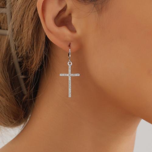 Huggie Hoop Drop Earring Zinc Alloy Cross silver color plated for woman & with rhinestone nickel lead & cadmium free Sold By Pair