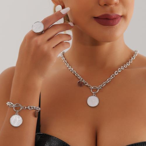 Tibetan Style Jewelry Sets, finger ring & bracelet & earring & necklace, with White Shell, Round, silver color plated, different styles for choice & for woman, more colors for choice, nickel, lead & cadmium free, Sold By PC