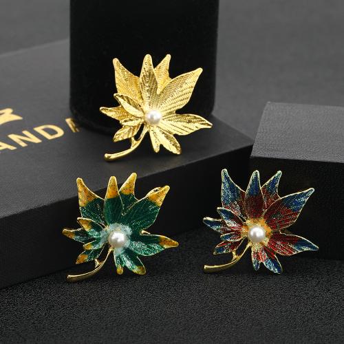 Zinc Alloy Brooches with Plastic Pearl Maple Leaf gold color plated for woman & enamel Sold By PC