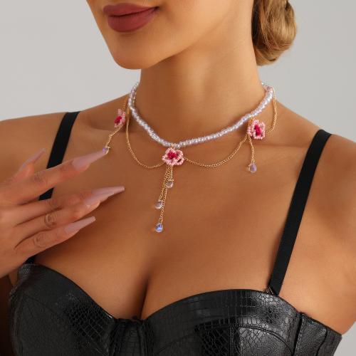 Zinklegierung Schmuck Halskette, mit Seedbead & Kunststoff Perlen, goldfarben plattiert, für Frau & mit Strass, keine, frei von Nickel, Blei & Kadmium, verkauft von PC