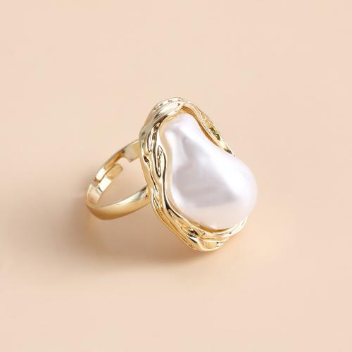 Tibetan Style Finger Ring, with Plastic Pearl, gold color plated, for woman, white, nickel, lead & cadmium free, Sold By PC