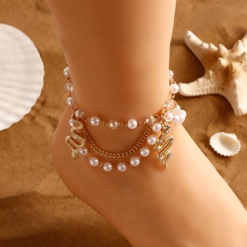 Zinklegierung Fußkettchen, mit Kunststoff Perlen, Schlange, goldfarben plattiert, mehrschichtig & für Frau, weiß, frei von Nickel, Blei & Kadmium, verkauft von PC