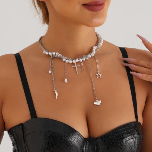Zinklegierung Schmuck Halskette, mit Kunststoff Perlen, silberfarben plattiert, verschiedene Stile für Wahl & für Frau, keine, frei von Nickel, Blei & Kadmium, verkauft von PC