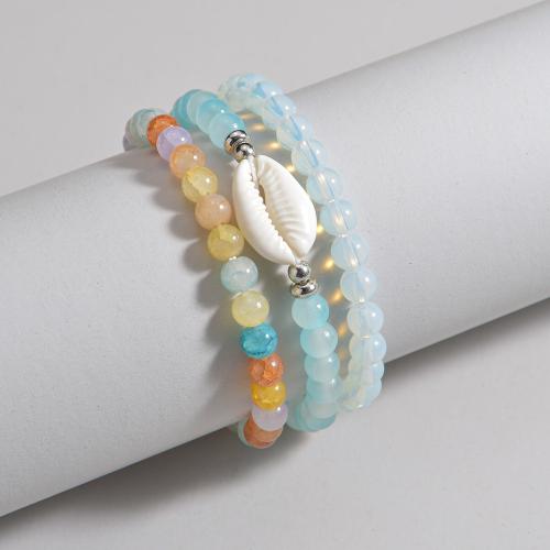 Bracelet de perles de verre, avec corde de cire & coquille, bijoux de mode, couleurs mélangées, 2PC/fixé, Vendu par fixé