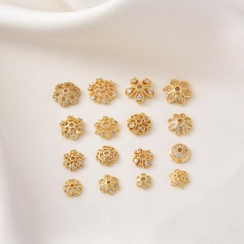Brass Bead Cap petals plated DIY & micro pave cubic zirconia golden Sold By PC