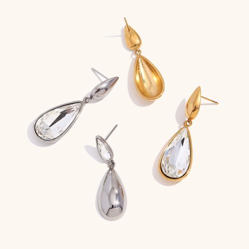 Stainless Steel Stud Earrings, 304 Stainless Steel, Teardrop, Vacuum Ion Plating, fashion jewelry & for woman & with rhinestone, more colors for choice, Sold By Pair