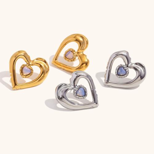 Stainless Steel Stud Earrings, 304 Stainless Steel, with Natural Stone, Heart, Vacuum Ion Plating, fashion jewelry & for woman, more colors for choice, 26.60x24.80mm, Sold By Pair