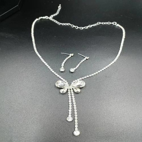 Rhinestone Jewelry Sets, earring & necklace, Brass, with Rhinestone, with 15cm extender chain, silver color plated, 2 pieces & fashion jewelry & for woman, earring 35*4mm, Length:Approx 29 cm, Sold By Set