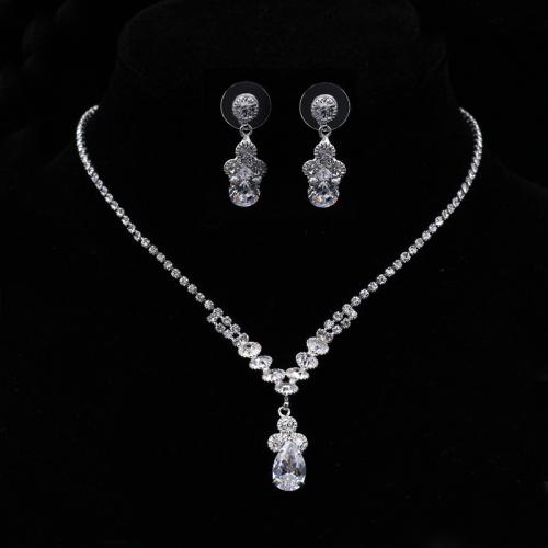 Rhinestone Jewelry Sets, earring & necklace, Brass, with Rhinestone, with 15cm extender chain, silver color plated, 2 pieces & fashion jewelry & for woman, earring 25*5mm, Length:Approx 30 cm, Sold By Set