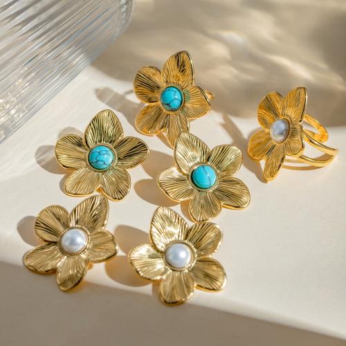 Fashion Stainless Steel Jewelry Sets 304 Stainless Steel with turquoise & Plastic Pearl Flower plated fashion jewelry golden Sold By PC